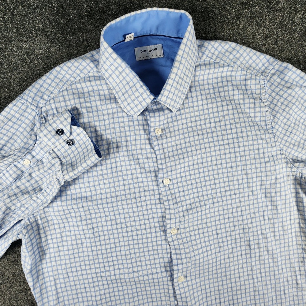 Duchamp Button Down Shirt Mens XL Blue Check Slim Fit Long Sleeve Cotton Blend